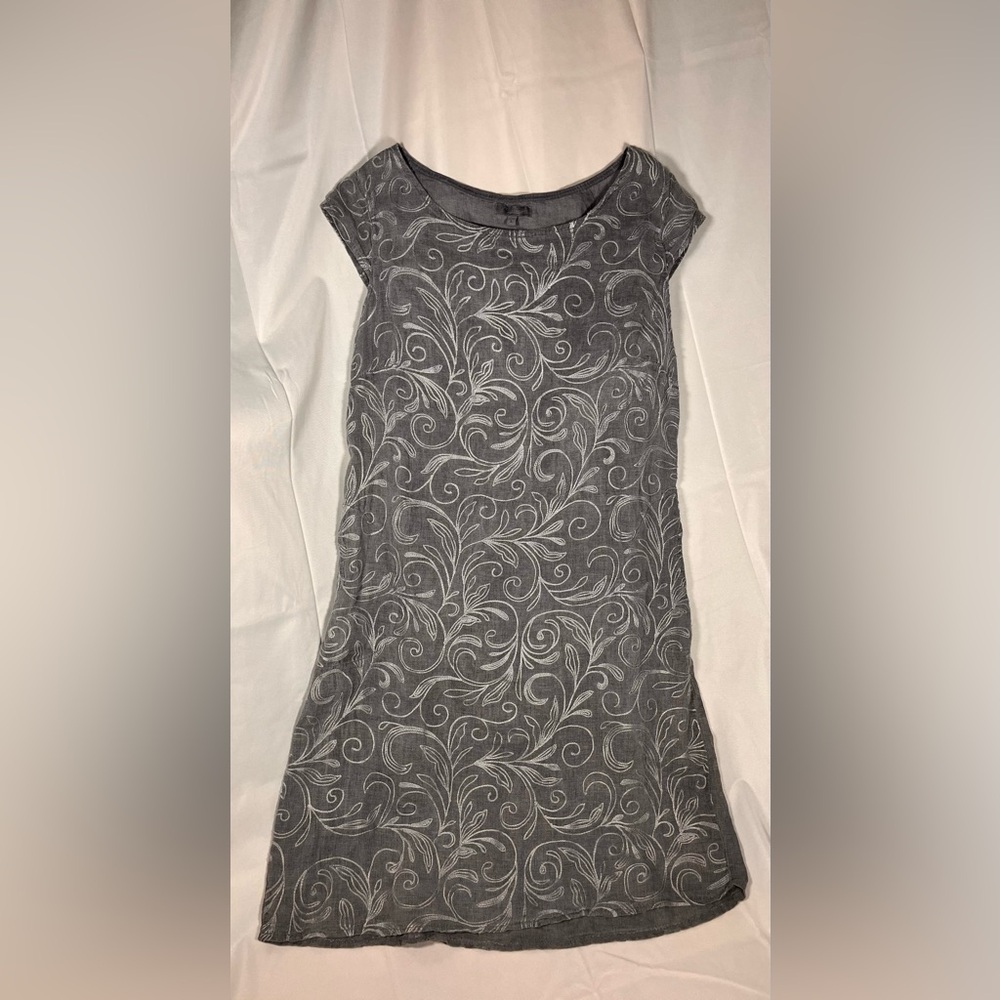 Lina Tomei 100% Linen Embroidered Dress Cap Sleeve Pockets Grey L